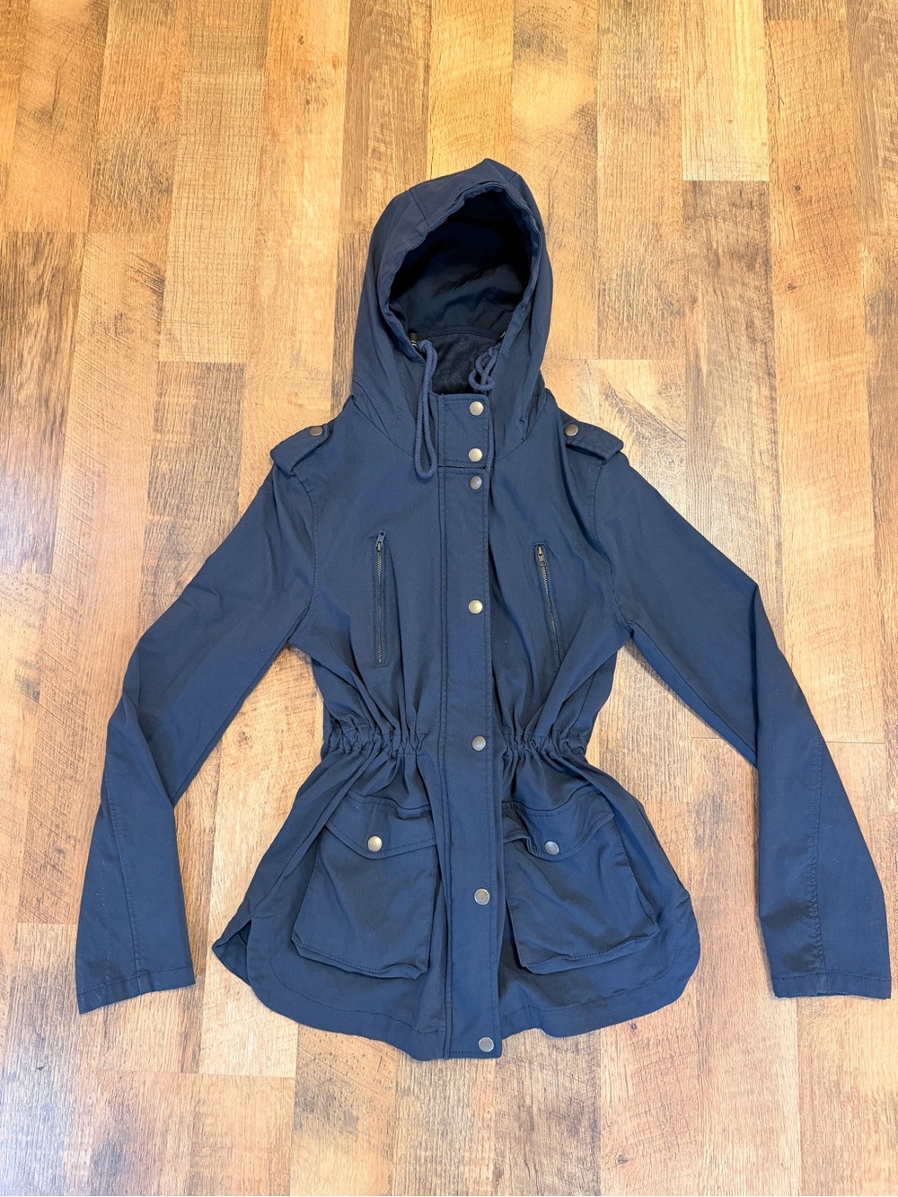 Women's Hooded Utility Jacket in Navy with Drawstring Waist